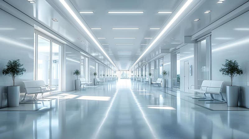 Modern hospital hallway with clean, well‑lit design